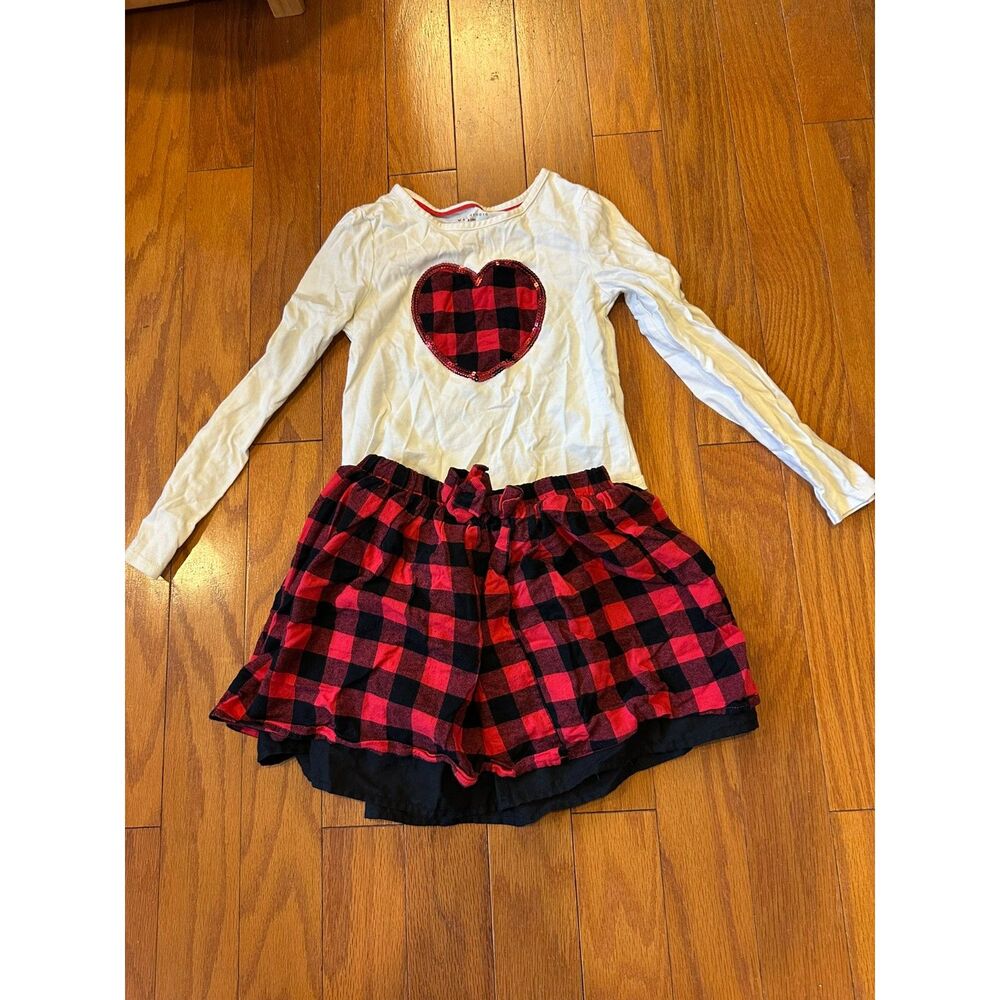 Max Studio Girl Plaid Heart Top + Skirt Set Size 7/8